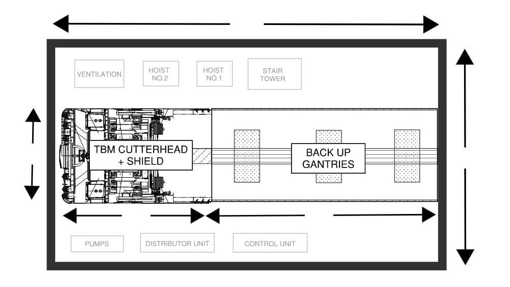 Large launch shaft for Slurry or EPB TBM Tunnelling Worksite Drawing Example